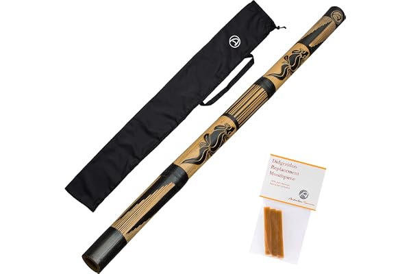 Australian Treasures - DIDGERIDOO CARVED: didgeridoo en bambou comprenant 3 bandes de cire d'abeille et un sac de didgeridoo en nylon