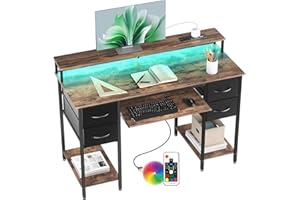 BEXEVUE Modern Desk with Power Outlets LED - 120x50cm Computer Table Gaming Desk, Keyboard Tray, 4 Reversible Drawers, Large Storage Bookshelf Workstation for Study Play Work Bedroom Home Office
