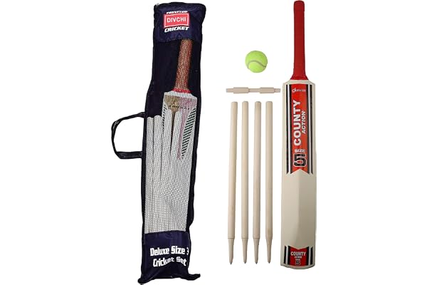 DIVCHI Ensemble de Cricket en Bois avec poignée en Caoutchouc et 4 souches et Balle Souple dans Un Sac de Transport en Maille (Taille