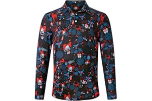 Swimnus Mens Christmas Polo Shirts Long Sleeve Polo Shirts Ugly Santa Claus Christmas Tops Funny Button Down Shirt for Party S-XXL