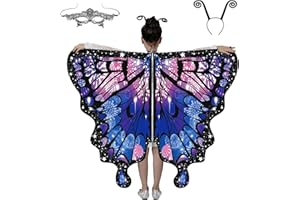 Lollanda Costume d'ailes de papillon pour enfants - Écharpe papillon d'Halloween - Cape de papillon avec bandeau - Accessoire de fête mascarade