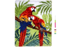 VIONNPPT Blumen Vögel Serie Knüpfteppich Zum Selber Knüpfen DIY Stickkissen Teppich, Unfinished Häkelteppich Set mit Vordruck, Latch Hook Kits für Kinder Erwachsene,60x40cm (Papagei)