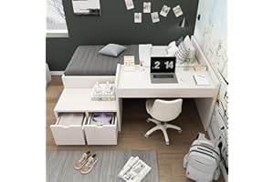 Merax Bunk Beds, Kids Single Wooden Storage Bed with Desk and Drawers, with Slatted Frame, Lying Surface for Teenagers & Adults, White, 90 x190 cm