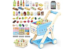 RedCrab Shopping Trolley Toy with Scanner, 74 Pieces Accessories for Shops: Calculator, Credit Cards, Fruit and Food, Role-Playing Toy for Boys and Girls 3+ Years (Blue)