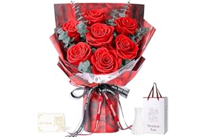 7 Rosenstrauß mit Vase, ewiger Blumenstrauß, echte konservierte rote Rosen, Jubiläums- & Geburtstagsgeschenk, Valentinstag Geschenke für sie, Geschenke für Frauen, Freundin, Ehefrau, Mama, Oma(Rot)