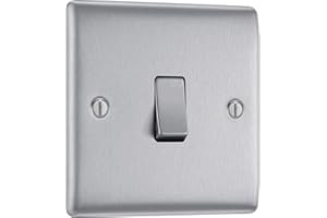 BRITISH GENERAL BG Electrical Single Wall Light Switch, 2 Way, Raised and Slim Profile, Round Edges, Nexus Metal, Brushed Steel, 20A, 16AX, NBS12