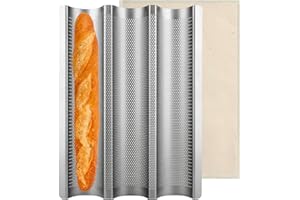YEASING Baguette Pan Nonstick Baguette Pans 3 Loaves French Bread Pan Bread Tray with Thick Proofing Cloth Dough Couche Long Sourdough Bread Baking Pan for Baking Molding 15" x 11"