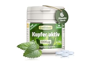 ‎GREENFOOD Kupfer aktiv Tabletten, hochdosiert, 1000µg - 180 Tabletten, vegan. Kupferbisglycinat - für Haut & Haarpigmentierung (graue Haare) und Energie. OHNE künstliche Zusätze - laborgeprüft. Von Greenfood.
