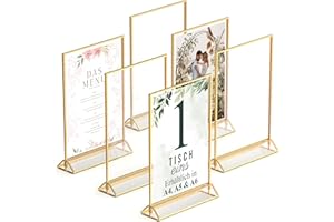 DASHER PRODUCTS Goldener doppelseitiger Bilderrahmen - 6er-Pack - A5 Acryl Gold Tischkartenhalter, Aufsteller im Staffelei-Stil, Goldrahmen für Hochzeit Tischnummern, Speisekartenhalter, Fotorahmen (A5)