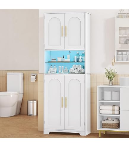 COSTWAY Armadietto Salvaspazio 60 x 30 x 160cm, Mobile Bagno con 2 Ripiani Regolabili, Cassetto e 2 Porte in Vetro Temprato, Armadio da Bagno per Ufficio, Soggiorno e Camera da Letto, Bianco