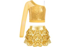 Miaeowve Kids Girls Jazz Dance Costume Shiny Sequin Crop Top with Metallic Skirt Ballet Hip Hop Latin Dance Dress
