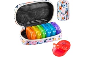 Serfeymi Tablettenbox 7 Tage Morgens Abends Pillendose 7 Tage 2 Fächer Regenbogen Medikamentenbox Tabletten Organizer mit Tragbarem Reißverschluss Canvas Tasche für Medikamente, Fischöle – Blüte 01