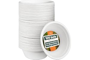 HAAGO - 100 Bols de Canne à Sucre Jetables 350ml - Solide, Rigide & Étanche - Écologique & Compostable à la Maison - Soupe, Apéritif, Desserts, Crème Glacée