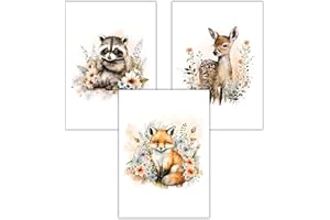 WBdesignz Kinderzimmer 3 Bilder Set Tiere Babyzimmer Deko Fuchs Reh Waschbär Poster für Kinder (ohne Rahmen)