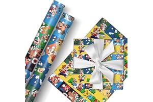 Bonamana Mario Papel de regalo 2 rollos de 43 cm x 3 m, papel de regalo duradero Mario para cumpleaños infantiles, fiestas, decoración festiva (escena de juego)