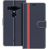 COODIO Handyhülle für HTC U12 Plus Handy Hülle, HTC U12+ Hülle Leder Handytasche für HTC U12 Plus Klapphülle Tasche, Dunkel Blau/Rot