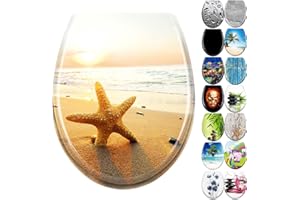 JNGLGO Toilet Seat with Soft-Close Mechanism, Antibacterial Toilet Seat with Toilet Lid, Oval Toilet Seat Duroplast for Easy Cleaning, Starfish