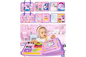 weirtoya Busy Board 8 in 1 für Kleinkinder ab 2 Jahr Activity Board Baby Sensorisches Montessori Spielzeug mit Lebenskompetenzen, Rätseln, Anziehsachen, Kleinkinder Reisespielzeug Einhorn Spielzeug