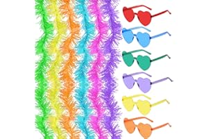 GWAWG Bunte Boas mit 6 rahmenlosen Sonnenbrillen, künstliche, flauschige Boas für Damen, 1,8 m lange Boas für Party, Karneval, Halloween