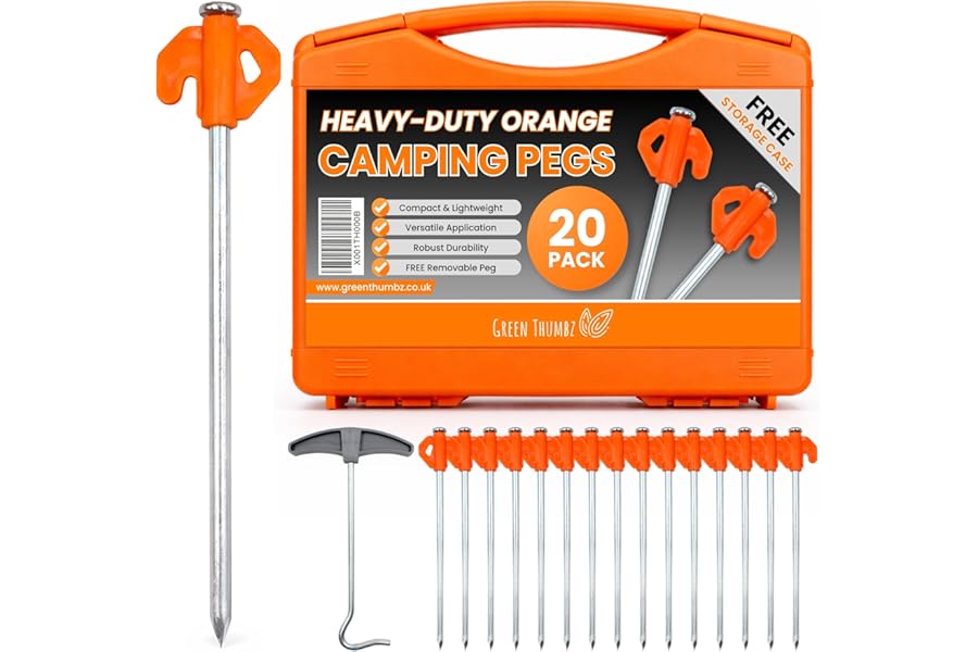Heavy Duty Tent Pegs - 20cm x 20 Pack Orange Hard Ground Tent Pegs, Camping Pegs, Awning Peg for outdoors, Strong Galvanized Steel with Storage Case and Peg Remover
