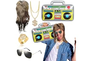 BIQIQI Perruque Vokuhila Kit de Costume Hip Hop/Costume Rocker avec Perruques Mulet, Lunettes de Pilote, Gonflable de Boom, Chaîne Dorée, Accessoire Fantaisie pour Rappeur Années 70/80/90