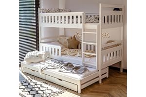 ‎KIDS COLLECTIVE Kids Collective Hochbett 90x200 mit Ausziehbett Etagenbett mit Ausziehfunktion, Zwei Schubladen, Lattenrost, Rausfallschutz, umbaubar in DREI Einzelbetten, Vollholz massiv in Weiss 4.-18. Lebensjahr