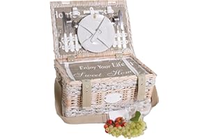 ‎LES JARDINS DE LA COMTESSE Les Jardins de la Comtesse - Picknickkorb Love aus Weide - Komplett Für 2 Personen - Kühlfach/Keramikteller und Weingläsern - Bedruckter Beige Stoff Love - 40 x 28 x 23 cm