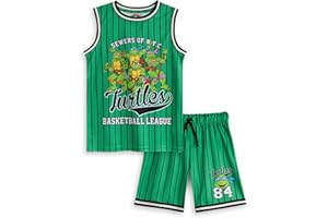 Teenage Mutant Ninja Turtles Green 2 Piece Basketball Set | TMNT Sewers of N.Y.C. Sportswear for Boys | Sleeveless Casual Outfit | Basketball League Striped Design | Turtles Merch