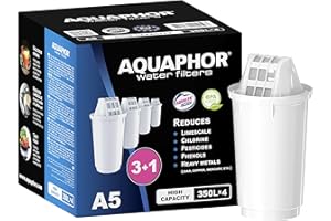 AQUAPHOR Wkład filtrujący A5, opakowanie 3 + 1, filtruje wapno i chlor oraz metale ciężkie i inne substancje, 350 l czystej wody, z technologią Aqualen, zapewnia lepsze jedzenie i picie, chroni urządzenia kuchenne
