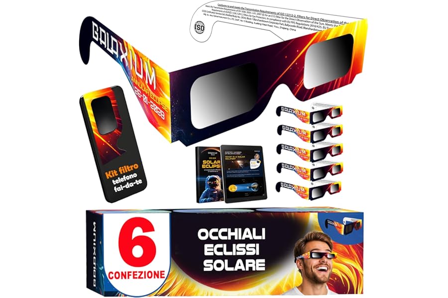 Galaxium Confezione da 6/12/25/50/100 Occhiali Eclissi Solare 2026 ISO 12312-2 Certificati | Occhiali per Eclissi Protezione 