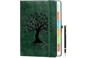 ZXHQ Diary 2025 Day Per Page, 2025 Diary A5 Page a Day from Jan to Dec, Tree of Life Design, Full Year Daily Planner with Colorful Monthly Tabs, Pen Set & Fine Inner Pocket, 5.9" × 8.5"- Dark Green