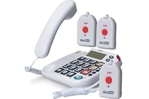 Maxcom KXTSOS: Seniorentelefon mit Funk-Notruf-Sender, schnurgebundenes Festnetztelefon mit 3 Umhängesendern, großen Tasten, Adapterstecker, hörgerätekompatibel