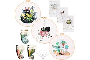 XiYee 3 Kit de Démarrage de Broderie, kit Fils à Broder Tissu Débutant Outil pour Adultes avec Cerceaux de Broderie (A)