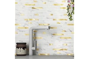 M MOFIT 3D Brick Marble Tile Sticker Self-Adhesive Wall Panels for Kitchen Bathroom Decor Peel and Stick Tile Waterproof(White Gold,10sheets)