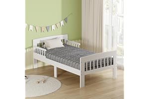 AVC Designs Junior Wooden Bed Toddler Solid Pine Wood Modern Children Kids Junior Bed Frame White