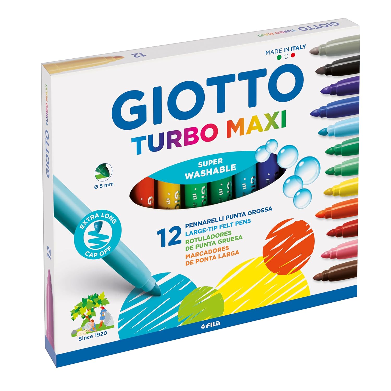 Giotto 454000 Turbo Pennarelli, Turbo Maxi Punta Larga, 5 mm, Confezione da 12, Assortiti