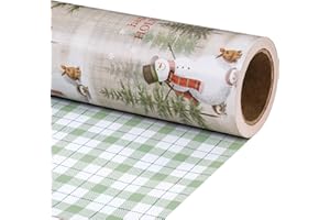 RUSPEPA Rollo De Papel De Regalo Reversible - Muñeco De Nieve Navideño Y Patrón De Cuadros Ideal para Navidad, Fiesta, Días Festivos - 43,2 Cm X 10 M