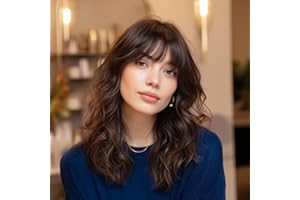 ‎SIMKAYLEE SIMKAYLEE Perücke Dunkelbraun Gewellt Mittellang mit Pony Damen Perrücke Dunkelbraune Halblang Locken für Frauen für Täglichen Gebrauch Karneval Fasching Motto Party Halloween Cosplay (40 cm)