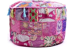 ‎AAKRITI GALLERY Aakriti Indian Pouf Fußhocker mit Stickerei Pouf, indische Baumwolle, Pouffe osmanischen Pouf Cover mit ethnischem Dekor Kunst - Cover (Pink, 46x33 cms)