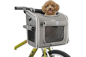 BABEYER Dog Bike Basket, Expandable Soft-Sided Bicycle Pet Carrier Backpack with 4 Open Doors, 4 Mesh Windows for Small Dog Cat Puppies-Grey