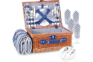 SenDeluz Cesta de Picnic de Mimbre para 4 Personas,Cesta de Mimbre Hecha a Mano con Manta de Picnic y 4 Juegos de Vajilla para Picnic Camping al Aire Libre