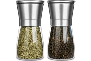KITDAHOM 2 Piezas Molinillo Pimienta - Molinillo - Molinillo Especias, 180 ml*2, de Acero Inoxidable y Vidrio, con Mecanismo de Molienda de Cerámica Ajustable, Ideal para Moler y Rellenar Sal, Pimienta y Chile