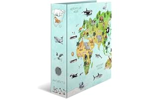 HERMA Dźwignia łuku, zwierzęta przedszkolne, z motywem mapy świata, A4, grzbiet 70 mm, z nadrukiem wewnętrznym, 1 teczka