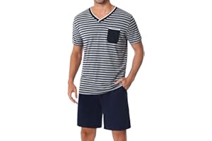 Leversic Verano Conjunto de Pijama Hombre Ropa de Dormir de Algodón Camisetas de Pijama a Rayas de Manga Corta y Pantalones Cortos para Dormir con Bolsillos