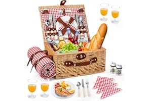 Panier Pique-Nique en Osier pour 4 Personnes, MINENICE Panier de Pique Nique avec Compartiment Isotherme, Couverture Pique-Nique Imperméable et Couverts, Panier Picnic pour Camping, Rose