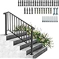 Happybuy Handrails for Outdoor Steps, Fit 4 or 5 Steps Outdoor Stair Railing, Picket#4 Wrought Iron Handrail, Flexible Porch Railing, Black Transitional Handrails for Concrete Steps or Wooden Stairs