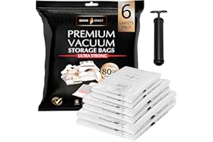 GENIE SPACE - Sacs de rangement sous vide incroyablement résistants et peu encombrants |Pack 6 Variétés (2XL+2L+2M)| Étanches et réutilisables | Créez 80% d'espace en plus | Pour vêtements etc