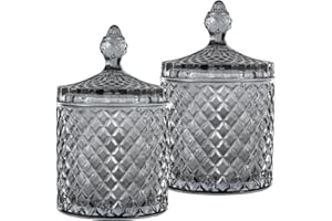 HANFCO® 2Pcs 10oz Glass Cotton Bud Holder Dispenser Cotton Pad Holder Grey Jars With Lid Bathroom Accessory Makeup Vanity Cotton Balls Wool Swab Pads Q Tip Candle Holder Apothecary Jars (GREY)