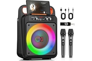 JYX Karaoke Machine with 2 Wireless Microphones, RGB Light PA System with Treble/Bass, Bluetooth Speaker Supports Live Broadcast/Monitoring/Sound Effects, Suitable for Adults (3000mAh)
