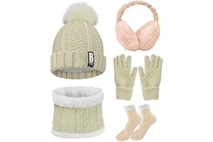 CheChury Conjunto de Bufanda Invierno Mujeres Suave y Elástica Bufanda y Calcetines de Gorro de Lana Gruesa Linda Plegables Orejeras Guantes de Pantalla Táctil Conjunto de Excursión Esquí de Invierno